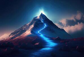 The glowing way to the blue mountain top fantasy illustration background. Business and Success concept. photo