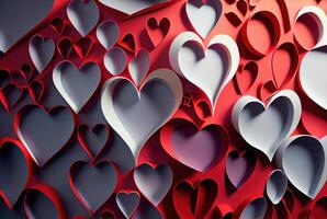corte de papel rojo y blanco corazones origami antecedentes. amor historia y san valentin día fondo de pantalla concepto. generativo ai foto
