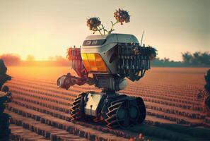 robot agricultura cosecha agrícola productos en cosecha campo. innovador futuristic tecnología y 5g inteligente agricultura concepto. generativo ai foto