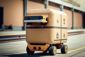 Robot AGV transporting cardboard box in warehouse background. Technology innovation and delivery concept. photo