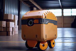 Robot AGV transporting cardboard box in warehouse background. Technology innovation and delivery concept. photo