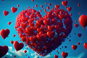 Many red balloon in heart shape particles flying on the air with blue sky background. Valentines day concept. photo