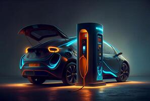 EV car with Electric charging station charger and blue glowing light stripe. Technology and transportation concept. photo