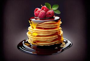 Mixed berries topping pancakes in dish on the dinning table. Sweet dessert and recipe concept. photo