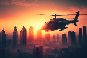 Military helicopter flies over the big city with sunset sky background. World war and Military defensive concept. photo