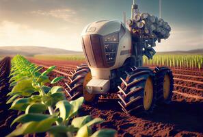 Robot farming harvesting agricultural products in crop field. Innovative futuristics technology and 5G smart farming concept. photo