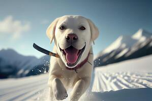 Happy and smiling Labrador Retriever dog running on the snowy mountain with daylight sky background. Animal and pet concept. photo