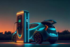 EV car with Electric charging station charger and blue glowing light stripe. Technology and transportation concept. photo