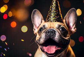 retrato de linda contento francés buldog en el celebracion fiesta con bokeh ligero y papel picado en el oscuro antecedentes. generativo ai foto