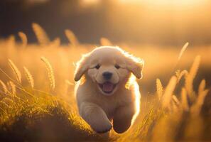 Happy cute puppet Golden Retriever dog running in the meadow on golden sunlight background. photo