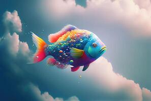 Rainbow color fish swimming in the sky with cloudy background. photo