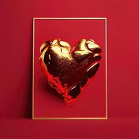 Golden heart shape on red background. Valentines day and romance concept. Digital art illustration theme. photo