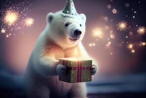 White polar bear cub holding the blue gift box in snowy landscape background. Seasonal and New year concept. Digital art illustration. photo