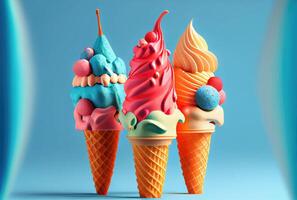 Melting ice cream cone with sweet toppings on minimal studio background. Summer food and fun concept. Digital art illustration theme. photo