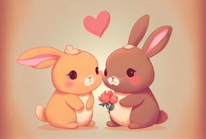 Cute cartoon rabbit couple with red heart background in Valentines day. photo