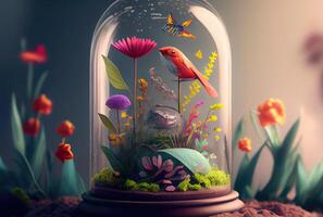 Colorful flowers are blooming from the ground in the glass bottle with sky illustration fantasy background. First day of spring and Beauty in nature concept art. photo