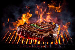 T-Bone steak or Porterhouse on grill with blazing fire flame. Food and cuisine concept. photo