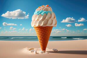 Ice cream cone with sweet toppings on beach sea and blue sky in summer background. Summer food and fun concept. Digital art illustration theme. photo