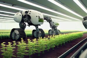 Robot farming harvesting agricultural products in greenhouse. Innovative futuristics technology and 5G smart farming concept. photo