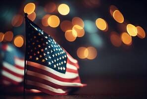 el unido estados de America Estados Unidos bandera con vistoso brillante bokeh ligero antecedentes. nación bandera en el oscuro con iluminación ligero. nacional día concepto. generativo ai foto