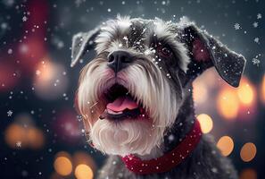 Happy Schnauzer dog in Santa Claus costume and shiny bokeh background. Animal and Holiday concept. photo