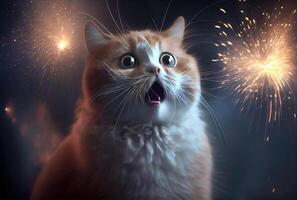 el gato es temeroso y conmocionado por el sonido de fuegos artificiales con cielo antecedentes. mascota y animal concepto. digital Arte ilustración. generativo ai foto