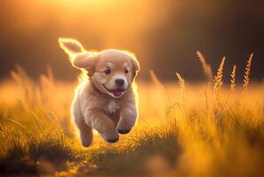 Happy cute puppet Golden Retriever dog running in the meadow on golden sunlight background. photo