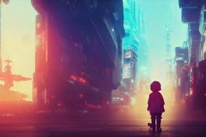 Back view of abandoned child in future city metropolis background. People and technology concept. photo