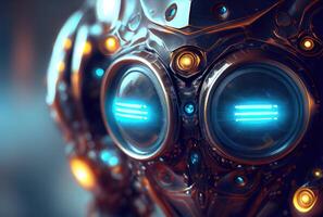 Closeup of blue robot eyes with metallic structure. Technology and Innovation concept. photo