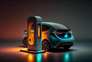 EV car with Electric charging station charger and blue glowing light stripe. Technology and transportation concept. photo