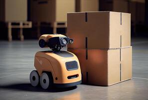 Robot AGV transporting cardboard box in warehouse background. Technology innovation and delivery concept. photo