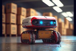 Robot AGV transporting cardboard box in warehouse background. Technology innovation and delivery concept. photo