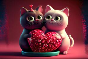 linda gato Pareja con rojo corazón para san valentin día. amor y amante concepto. generativo ai foto