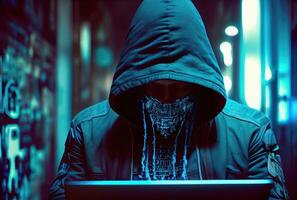 Hacker in the black hood in the server room. Unrecognizable people. Technology and Cybersecurity and Criminal concept. photo