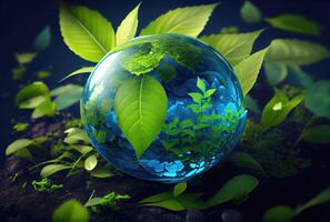 Water drop in earth shape with green leaves in the jungle. World Environment Day and World Water Day concept. Environmental protection theme. photo