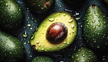 Close up of clean Green Avocado with water drop in dark black background. Fresh fruit and Vegetable concept. Nutrition and vitamin theme. photo