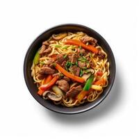 Noodles with meat and vegetables isolated Illustration photo
