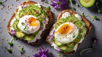 Sandwiches with avocado, poached egg, Illustration photo