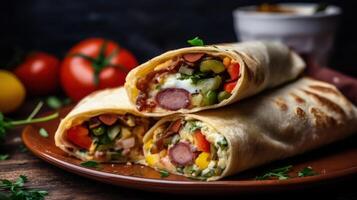 Breakfast tortilla wrap with omelet, beans and vegetables Illustration photo