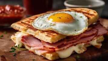 clásico jamón y huevo desayuno emparedado con queso en un tostado Inglés mollete ilustración ai generativo foto