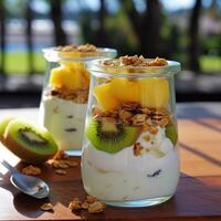 Mango yogurt with granola and kiwi in wooden bowl Illustration photo