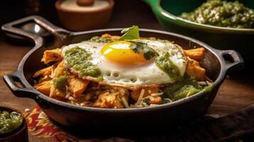 Mexican chilaquiles with fried egg, chicken and spicy green sauce Illustration photo