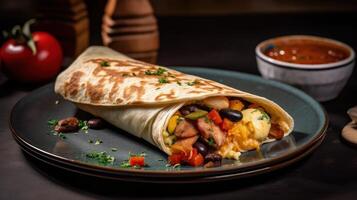 Breakfast tortilla wrap with omelet, beans and vegetables Illustration photo