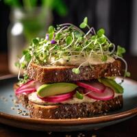 Vegetarian sandwich made with sourdough bread, avocado creme, cucumber, radish and remoulade sauce Illustration photo
