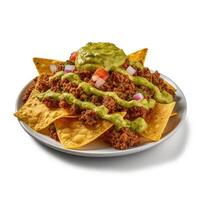 Corn chips nachos with fried minced meat and guacamole isolated Illustration photo