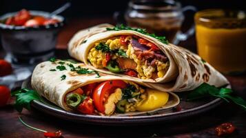 Breakfast tortilla wrap with omelet, beans and vegetables Illustration photo