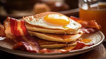 desayuno con tocino, huevos, panqueques, y brindis ilustración ai generativo foto