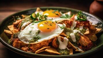 Mexican chilaquiles with fried egg, chicken and spicy green sauce Illustration AI Generative photo