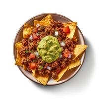 Corn chips nachos with fried minced meat and guacamole isolated Illustration photo