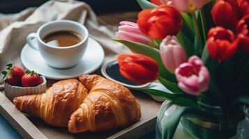 hermosa desayuno, almuerzo con taza de café y Fresco cruasanes, tulipanes ilustración ai generativo foto